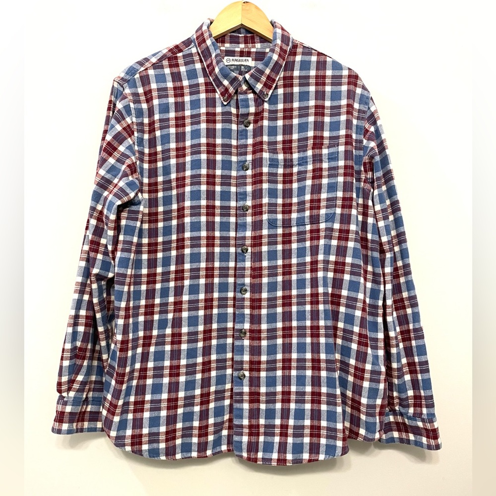 Magellan Flannel Button‎ Down Shirt Blue White Maroon Plaid Men's XL